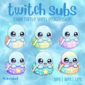 Puede incluir: Ilustración digital de seis tortugas chibi con diferentes diseños de caparazón. El texto "twitch subs" y "chibi turtle shell progression" se muestran. La imagen también incluye el texto "18PX | 36PX | 72PX" y la firma del artista.