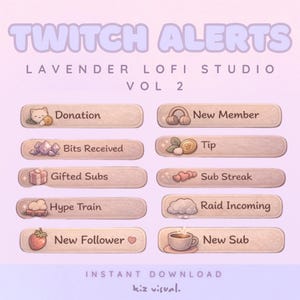 以下が含まれることがあります： 「TWITCH ALERTS」と「LAVENDER LOFI STUDIO VOL 2」のテキストが入ったデジタルグラフィック。 「Donation」、「New Member」、「Bits Received」、「Tip」など、Twitchアラート用のイラストボタンが、ソフトなパステルカラーで表示されています。