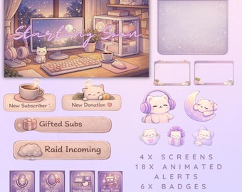 Lavender Lofi Twitch Overlay Pack – Cozy Cat Stream Package (Digital Download)
