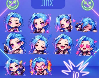 Jinx Twitch Emotes Bundle (10 Pack) | Chibi Gamer Streamer Pack (112x112)