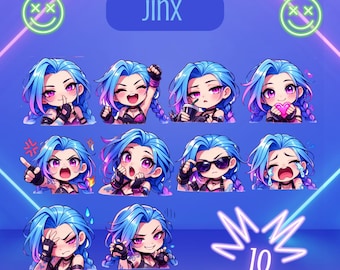 Jinx Twitch Emotes Bundle (10 Pack) | Chibi Gamer Streamer Pack (112x112)
