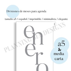 a5 Divisiones mensuales imprimibles para agenda / a5 y media carta / descarga digital / en español