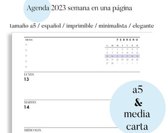 Agenda Semanal Imprimible 2023 / media carta y a5 / descarga digital / en español