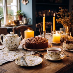 Könnte beinhalten: Ein gemütlicher Tisch mit Kuchen, Teekanne und Teetasse. Der Kuchen ist mit Pekannüssen belegt. Teekanne, Tasse und Untertasse haben ein Blumenmuster. Kerzen und ein Teller mit Besteck vervollständigen die Szene.