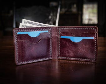 Handmade Bifold Leather Wallet, Full Grain Vegetable Tanned Wine, Durable Classic Men's Accessory