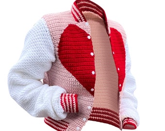 CROCHET PATTERN: Sweetheart Varsity Cute Valentine Heart Crochet Cardigan Sweater Jacket Pattern For Beginners| Size XS-6X| Instant Download