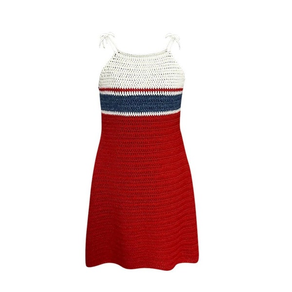 CROCHET PATTERN: Firecracker Stripe Halter Dress A-Line Fit and Flare |  Easy Pattern For Advanced Beginners| Size XS-6X| Download