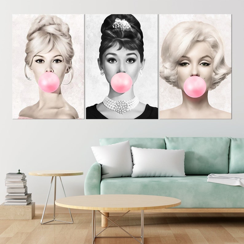 Blowing Bubble Gum Art, Set of 3 Lady Bubble Gum Poster, Brigitte Bardot, Marilyn Monroe, Audrey Hepburn, Bubble Gum Canvas, Canvas Wall Art 