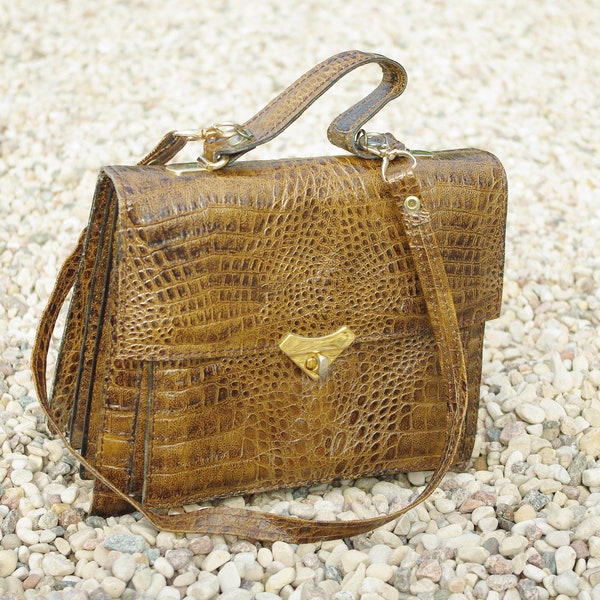 Vintage Crocodile 70s leather bag/Classic Vintage Bag/Vintage Brown Leather Bag/Vintage Cross Body Bag, Party Bag/Vintage Party rare Purse