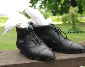 Talla 39/Botines negros/Botines de cuero con cordones/Zapatos vintage para mujer Botines de cuero negros con cordones, botines con cordones, zapatos Peter Pan