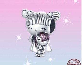 Charms Anhänger Charm kompatibel für Pandora 925 Sterling Silber  Mädchen mit Einhorn