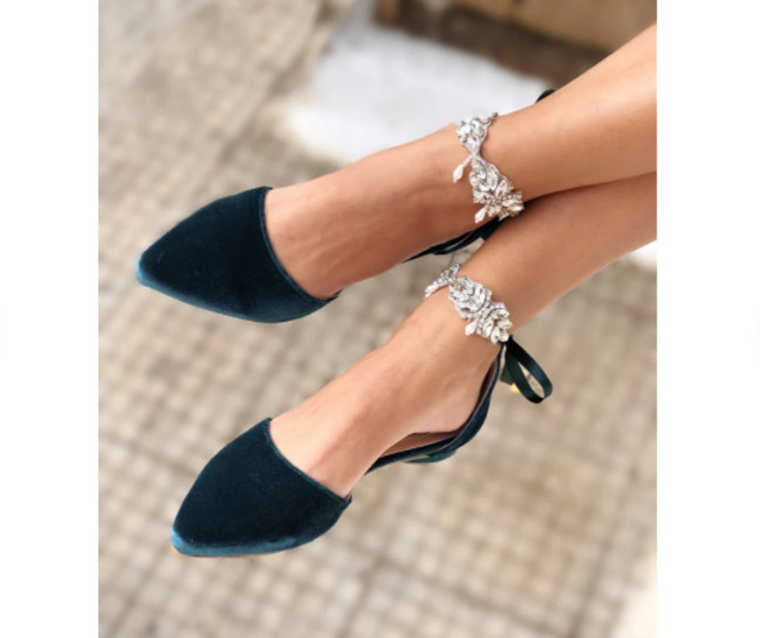 Dark Green Crochet Lace Pointy Toe Flats, Wedding Pumps Low Heels