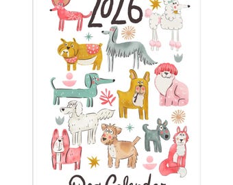 Calendario de pared para perros 2026 / Mensual ilustrado / Regalo artístico para amantes de los perros /