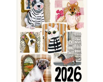 Calendario canino 2026 / Razas de perros y un gato pintados a mano / Enero-Diciembre / Amantes de las mascotas