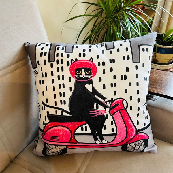 Cat on scooter cushion, Black cat cushion cover, pink scooter cushion cover, cats cushion cover, cool cat cushion