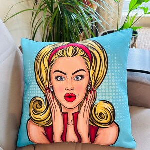 blonde bombshell cushion cover, pop art blonde hair cushion, pouting lips blonde cushion, blonde hottie cushion, blue square cushion cover