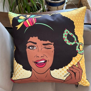 Eye wink cushion cover, Yellow square cushion cover, masquerade eye cover cushion, cat eyes glasses print cushion, big afro hair cushion