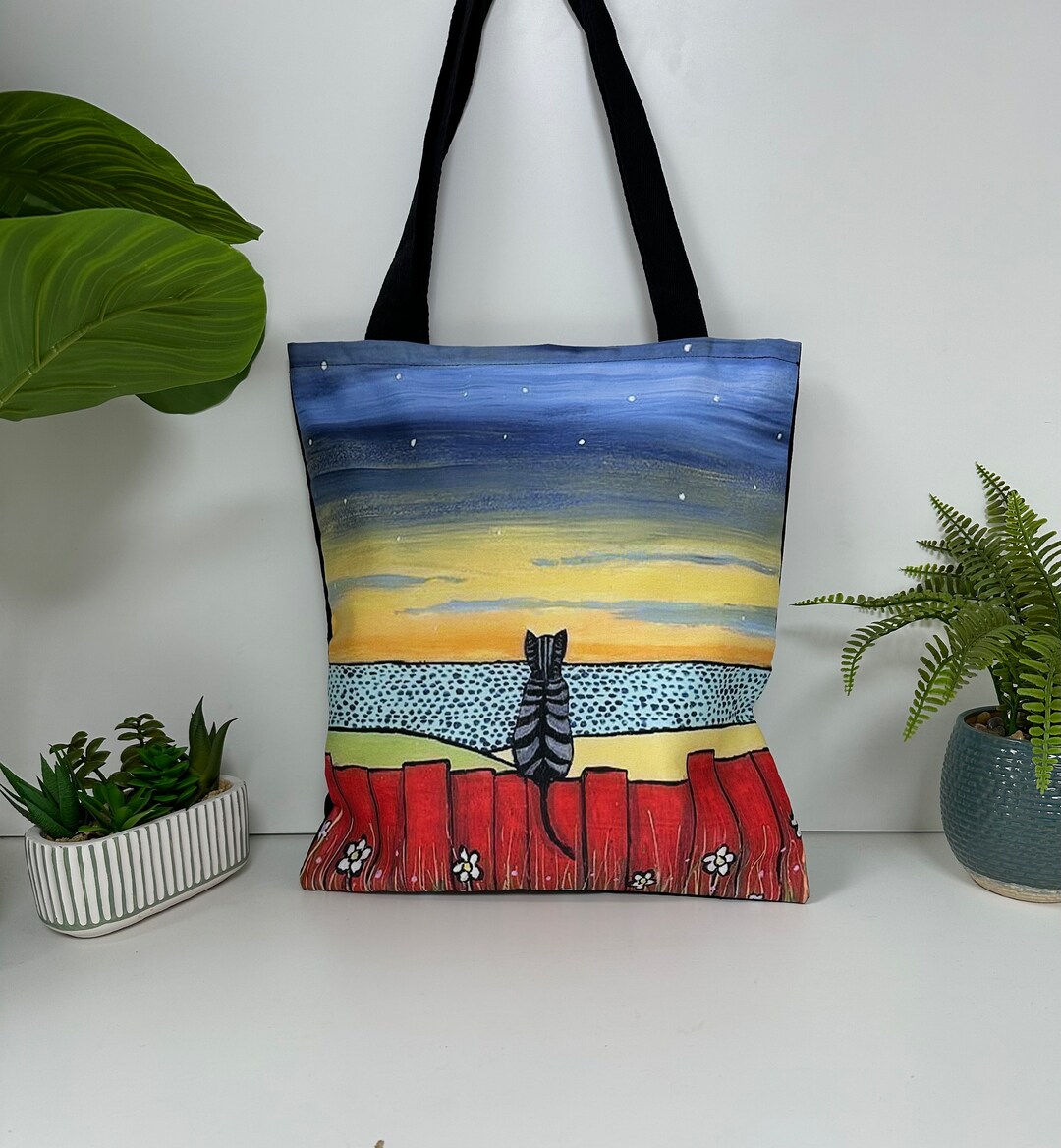 Beach Cat Zip Tote Bag, Pop Art Shopper Bag, Printed Fabric Tote Bag