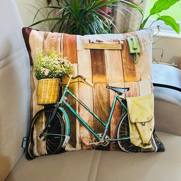Vintage style bicycle cushion cover, Scenic bike cushion, photo Cushion, decor Home Gift, Digital Printed Cushion