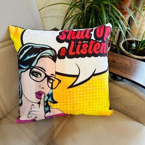 Shut up & listen cushion cover, yellow square cushion, funky meme cushion, soft chair cushion, shhhh cushion cover, lips sealed cushion