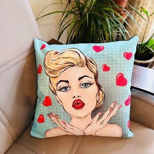 love hearts cushion cover, kisses cushion cover, pouting lips cushion, blue square pillow cushion, blonde babe cushion cover,