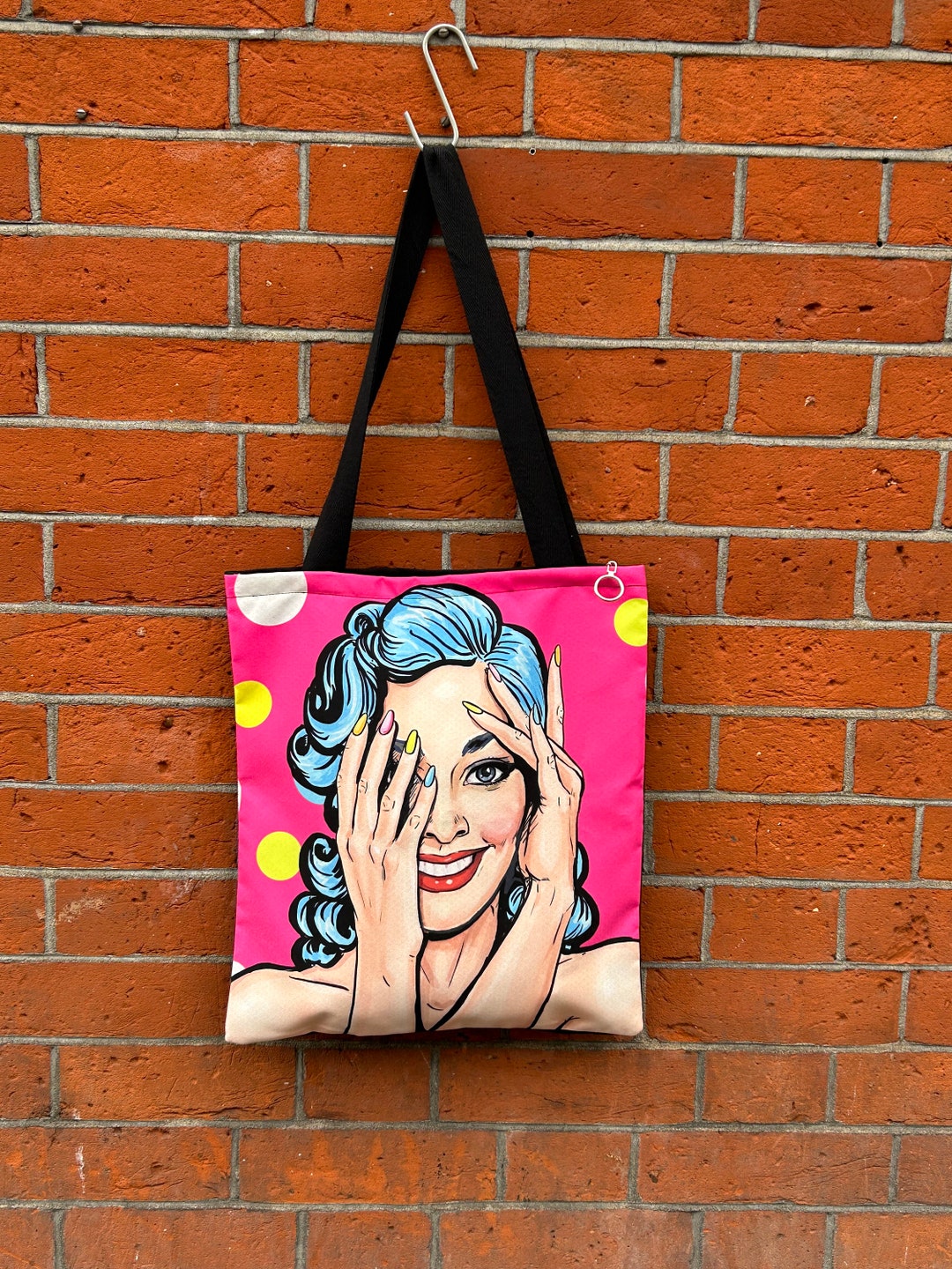 Pink Pop Art Print Tote Bag Female Face Zip Shoulder Bag Shy Etsy