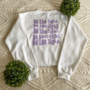 Be The Light Shirt, Crop Top, Long Sleeve, Sweatshirt , Canvas Tote / Christian, Cross Design / Pastel Purple Trendy Oversized Crews