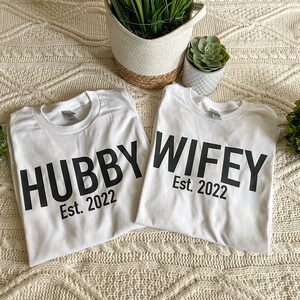 Hubby & Wifey - Free Personalization - Married EST 2022 T-Shirt, Long Sleeve T-Shirt,  Crop Top, Sweatshirt, Canvas Tote / Just Married