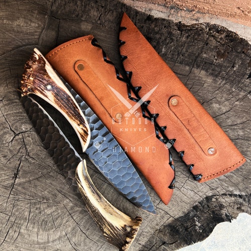 Handmade Antler Handled Knife With Leather Sheath Deer Antler Beautiful gift for shops father-gift for son-gift for love-Bowie Knife-GroomsmenGift