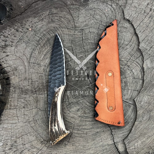Handmade Antler Handled Knife With Leather Sheath Deer Antler Beautiful gift for shops father-gift for son-gift for love-Bowie Knife-GroomsmenGift