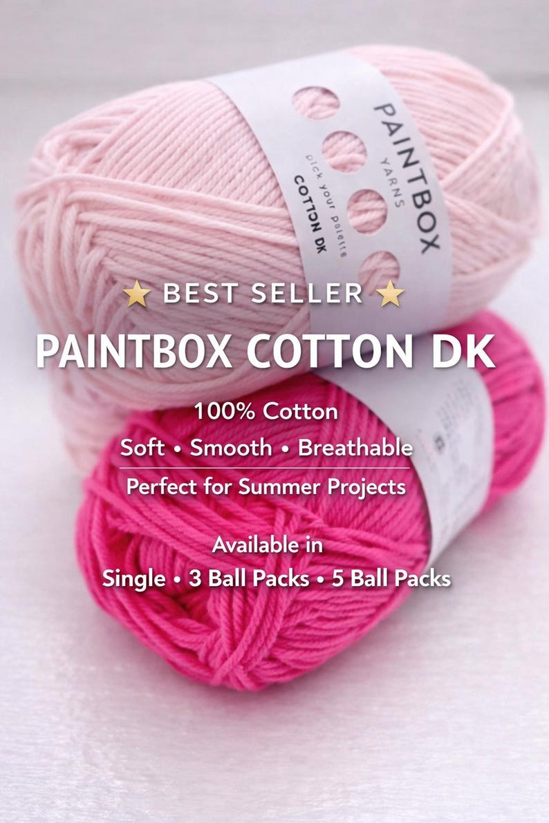 May include: Two skeins of Paintbox Cotton DK yarn in shades of pink. The top skein is a light pink, and the bottom is a vibrant fuchsia. Text on the packaging reads "Best Seller" and "100% Cotton".