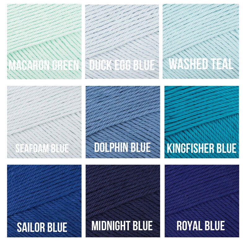 May include: Nine skeins of yarn in various shades of blue and green. Colors include Macaron Green, Duck Egg Blue, Washed Teal, Seafoam Blue, Dolphin Blue, Kingfisher Blue, Sailor Blue, Midnight Blue, and Royal Blue. Each skein has a label with the color name.