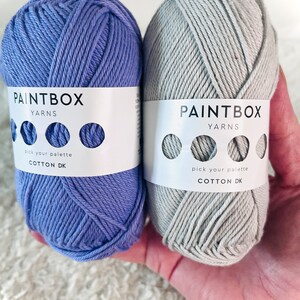 May include: Two balls of yarn, one blue and one gray, with the label "PAINTBOX YARNS" and "COTTON DK" on each.