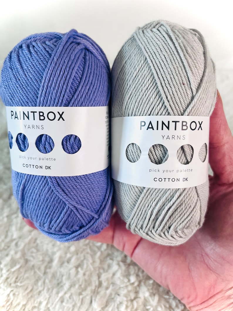 May include: Two balls of yarn, one blue and one gray, with the label "PAINTBOX YARNS" and "COTTON DK" on each.