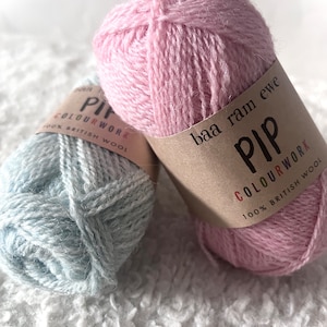 Peut inclure: Deux écheveaux de laine, un bleu clair et un rose, avec des étiquettes qui indiquent "Pip Colourwork 100% British Wool" et "Baa Ram Ewe Pip Colourwork 100% British Wool".