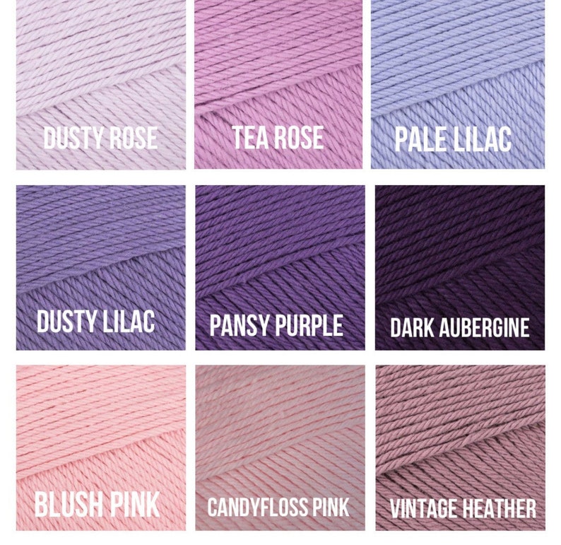May include: Nine skeins of yarn in various shades of purple and pink. The colors include Dusty Rose, Tea Rose, Pale Lilac, Dusty Lilac, Pansy Purple, Dark Aubergine, Blush Pink, Candyfloss Pink, and Vintage Heather.