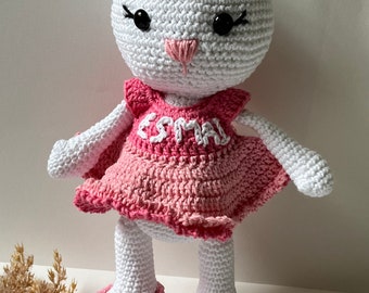 BUNNY CROCHET DOLL, Crochet Bunny Doll, Stuffed Animal Bunny, Custom Crochet Doll, Soft Handmade Wool Crochet Knitted Custom Name Bunny Doll