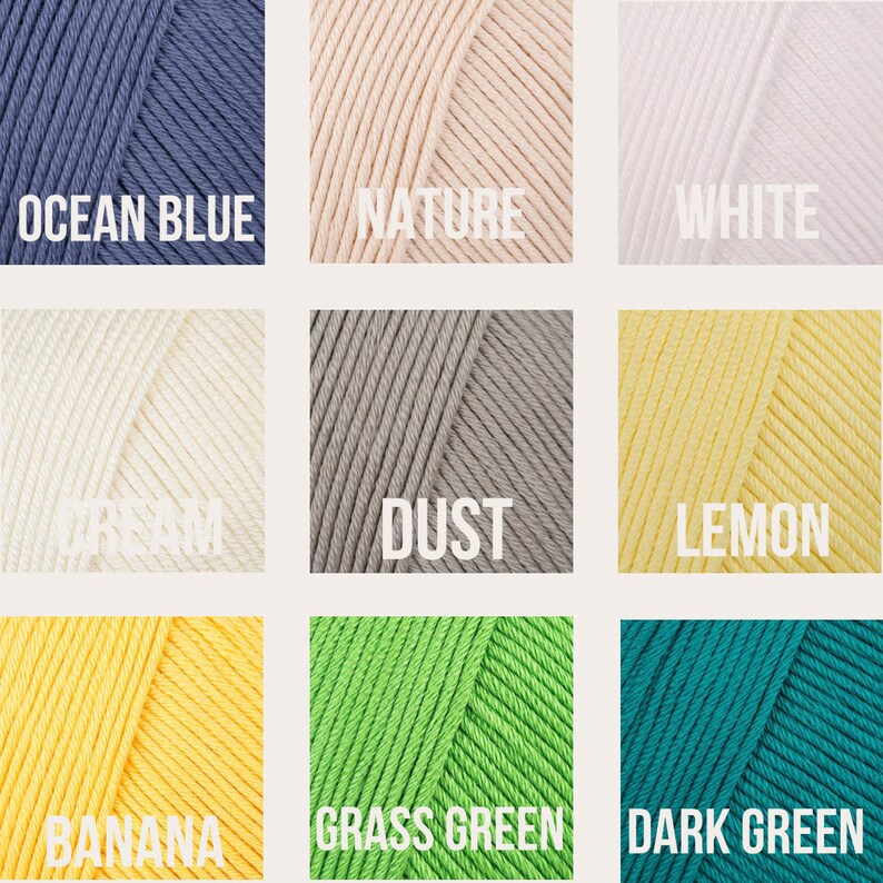 May include: Nine yarn skeins in various colors, including ocean blue, nature, white, cream, dust, lemon, banana, grass green, and dark green. The yarn is arranged in a grid pattern.