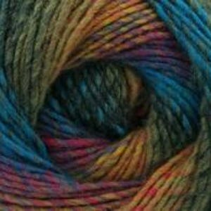 May include: Close-up of a ball of colorful yarn. The yarn features a blend of blues, greens, yellows, oranges, and pinks. The yarn is tightly wound, revealing the texture and individual strands. Ideal for knitting and crochet projects.