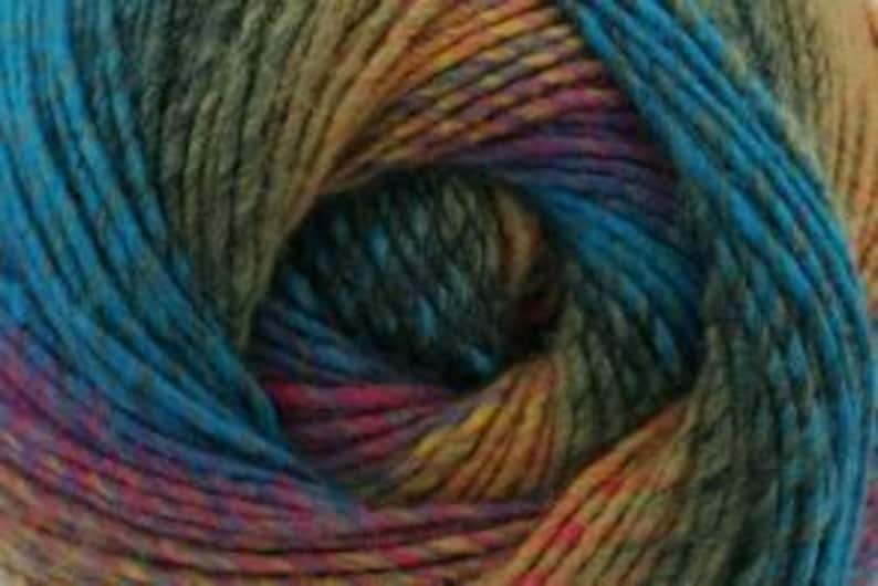May include: Close-up of a ball of colorful yarn. The yarn features a blend of blues, greens, yellows, oranges, and pinks. The yarn is tightly wound, revealing the texture and individual strands. Ideal for knitting and crochet projects.