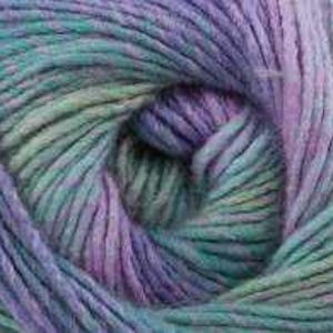 May include: Close-up of a skein of yarn in shades of teal, purple, and pale green. The yarn is tightly wound, revealing the texture of the fibers. The colors blend together, creating a soft, variegated effect, ideal for knitting or crocheting projects.