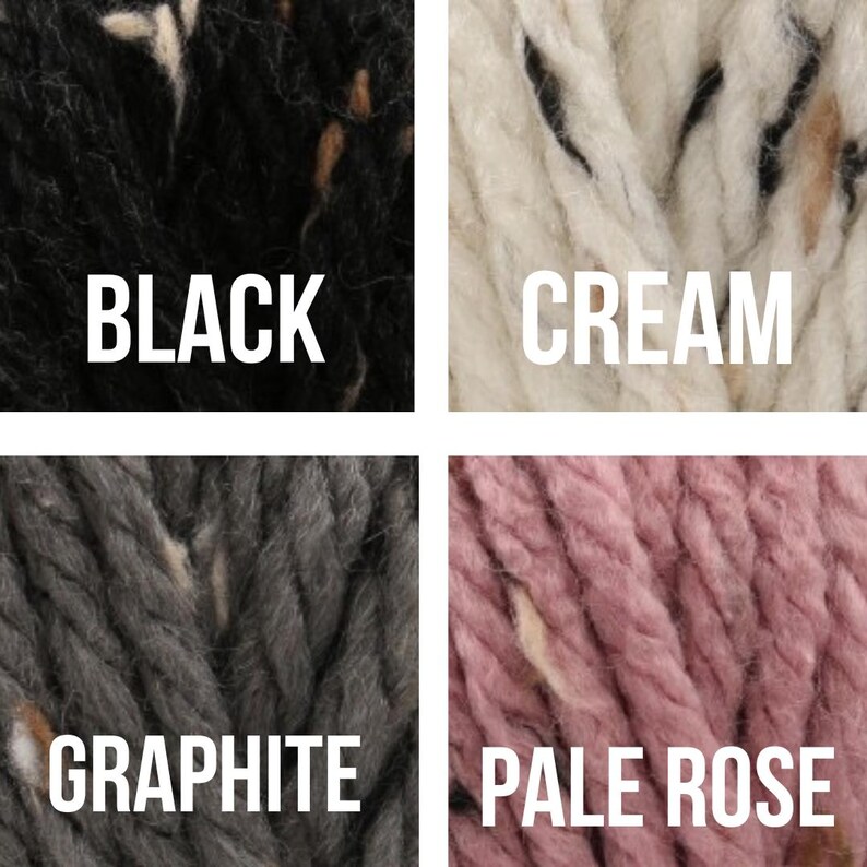 Peut inclure: Quatre &eacute;cheveaux de laine de diff&eacute;rentes couleurs&nbsp;: noir, cr&egrave;me, graphite et rose p&acirc;le. Chaque &eacute;cheveau pr&eacute;sente un motif mouchet&eacute; avec des points blancs.