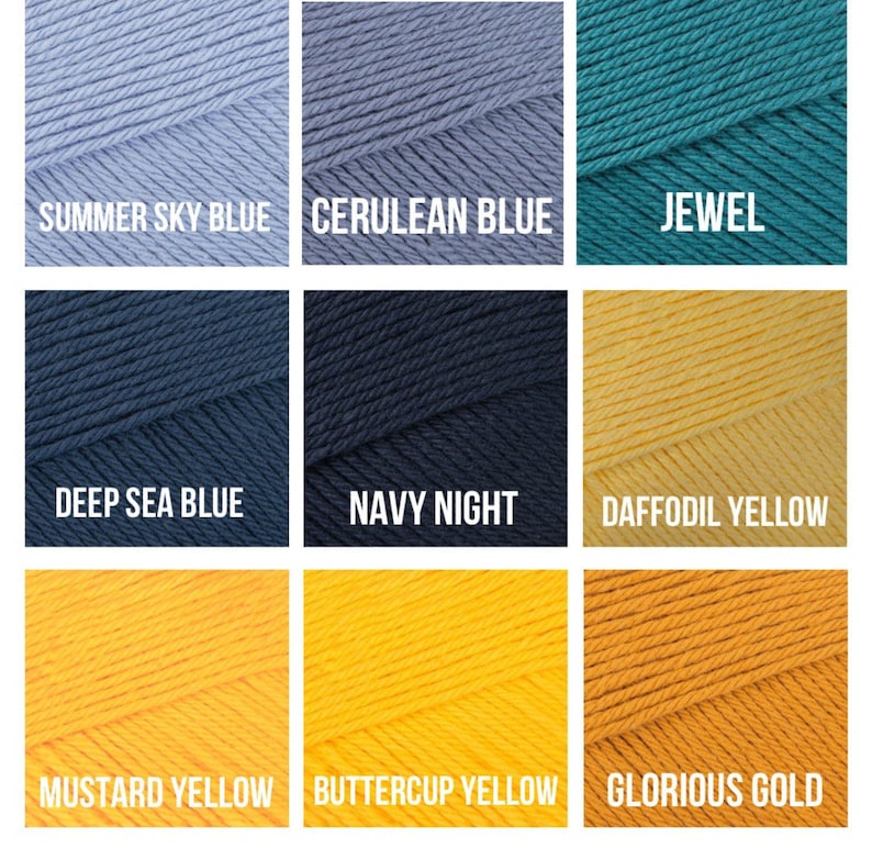May include: Nine skeins of yarn in various colors are displayed. Colors include Summer Sky Blue, Cerulean Blue, Jewel, Deep Sea Blue, Navy Night, Daffodil Yellow, Mustard Yellow, Buttercup Yellow, and Glorious Gold. Each color is labeled.