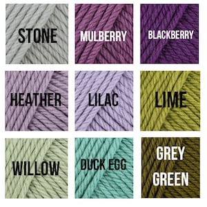 May include: Nine yarn squares in different colors, including stone, mulberry, blackberry, heather, lilac, lime, willow, duck egg, and grey green.
