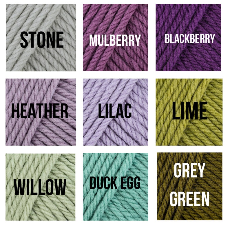 May include: Nine yarn squares in different colors, including stone, mulberry, blackberry, heather, lilac, lime, willow, duck egg, and grey green.
