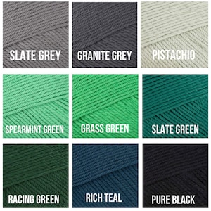 May include: Nine skeins of yarn in various colors, each labeled with its name. Colors include Slate Grey, Granite Grey, Pistachio, Spearmint Green, Grass Green, Slate Green, Racing Green, Rich Teal, and Pure Black.