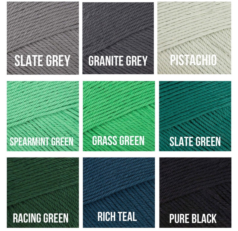 May include: Nine skeins of yarn in various colors, each labeled with its name. Colors include Slate Grey, Granite Grey, Pistachio, Spearmint Green, Grass Green, Slate Green, Racing Green, Rich Teal, and Pure Black.