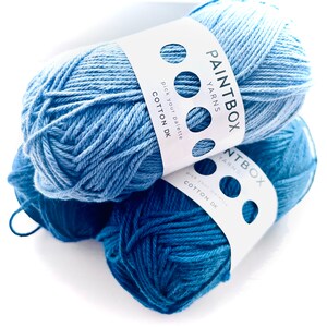 May include: Two skeins of blue cotton yarn, one light blue and one darker blue, labeled "Paintbox Yarns Cotton DK".
