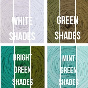 May include: Four different colors of yarn, each with a different shade. The colors are white, green, bright green, and mint green. The yarn is arranged in a grid pattern, with each color taking up one square. The text "WHITE SHADES", "GREEN SHADES", "BRIGHT GREEN SHADES", and "MINT GREEN SHADES" is written below each color.