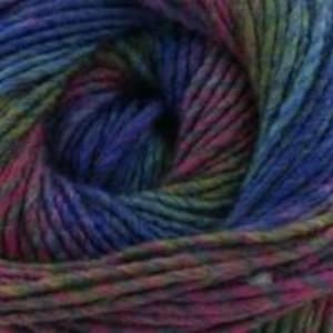 May include: Close-up of a ball of yarn with a variegated color pattern. The yarn features a blend of colors, including shades of blue, pink, green, and purple. The yarn is tightly wound, revealing the texture and individual strands.